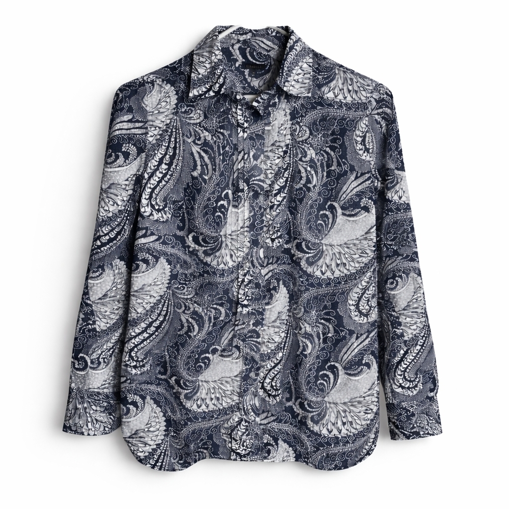 Talbots Navy White Paisley Tunic Popover Blouse XS Cotton Pleated